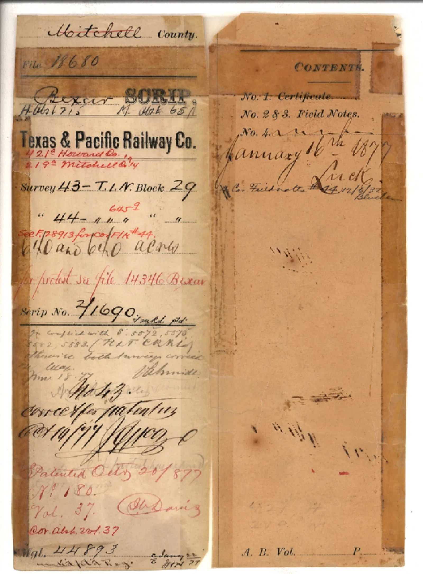 Texas and Pacific Railway Company Original Cursive Land Grant & Field Notes (Howard County, Abstract A-215)